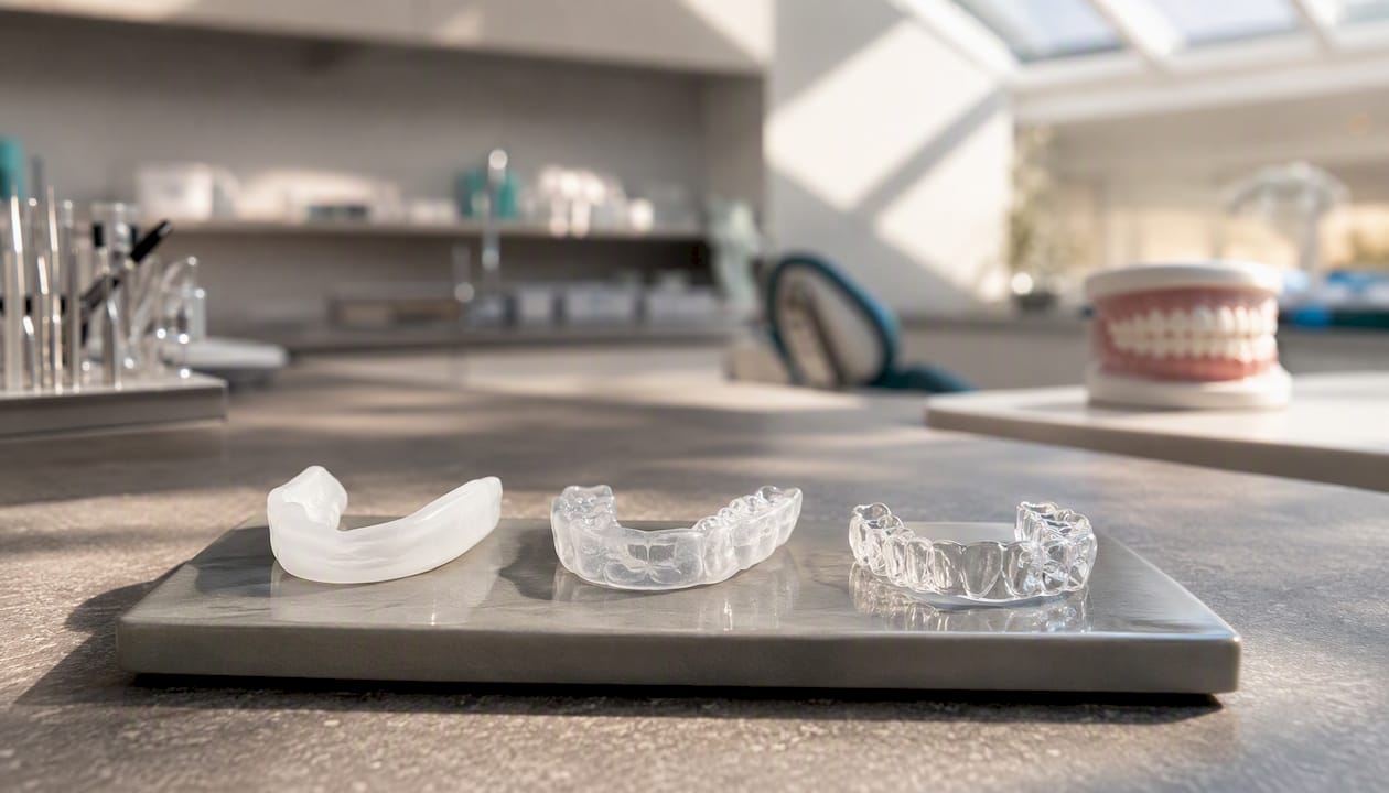 Three types of dental night guards on tray