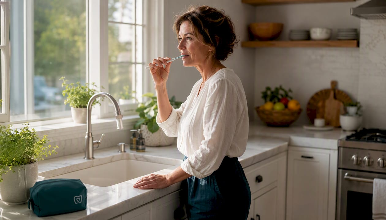 Woman brushing teeth with veneer-friendly toothbrush