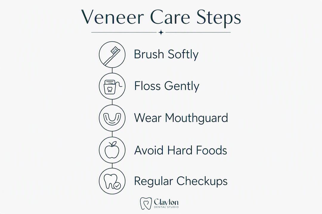 Infographic illustrating five key veneers maintenance steps