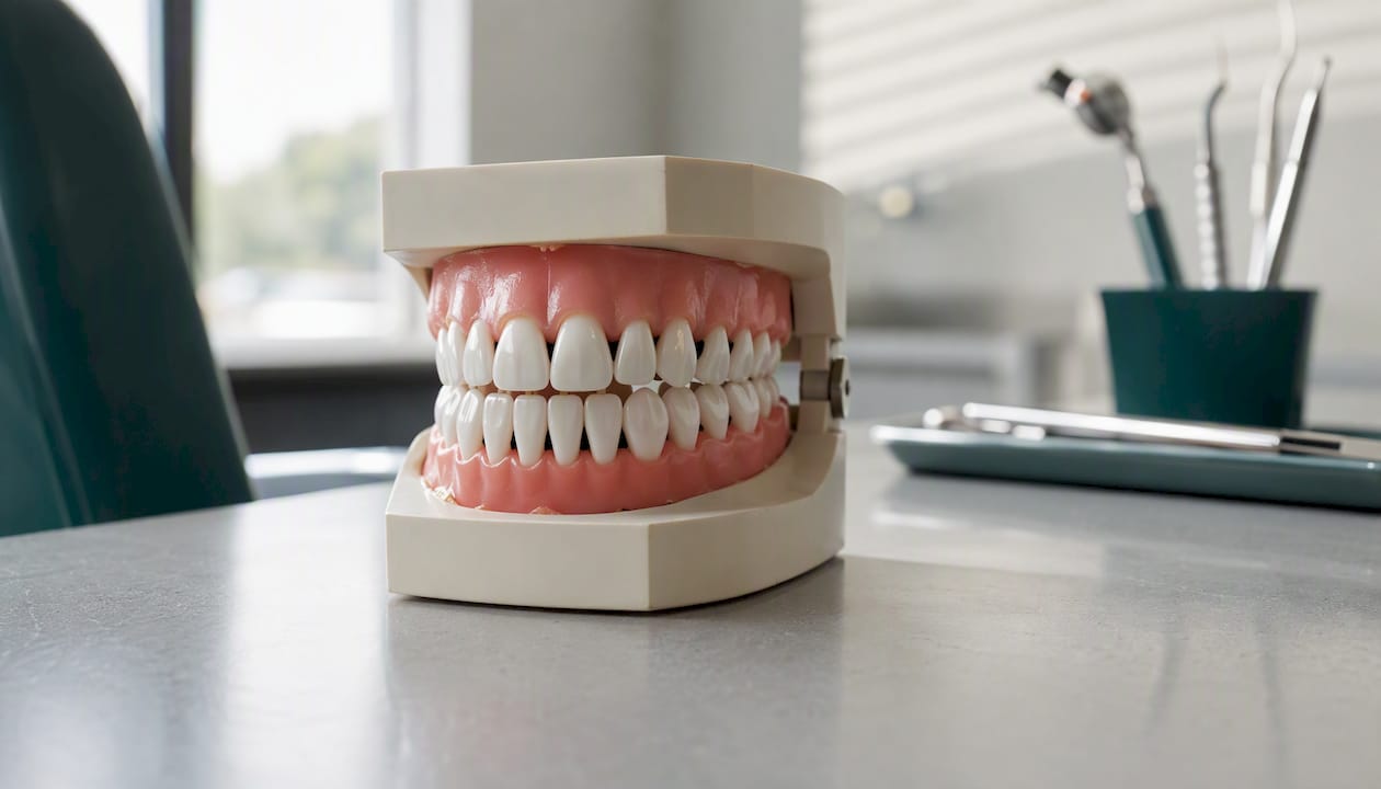 Close-up dental model showing black triangles between teeth