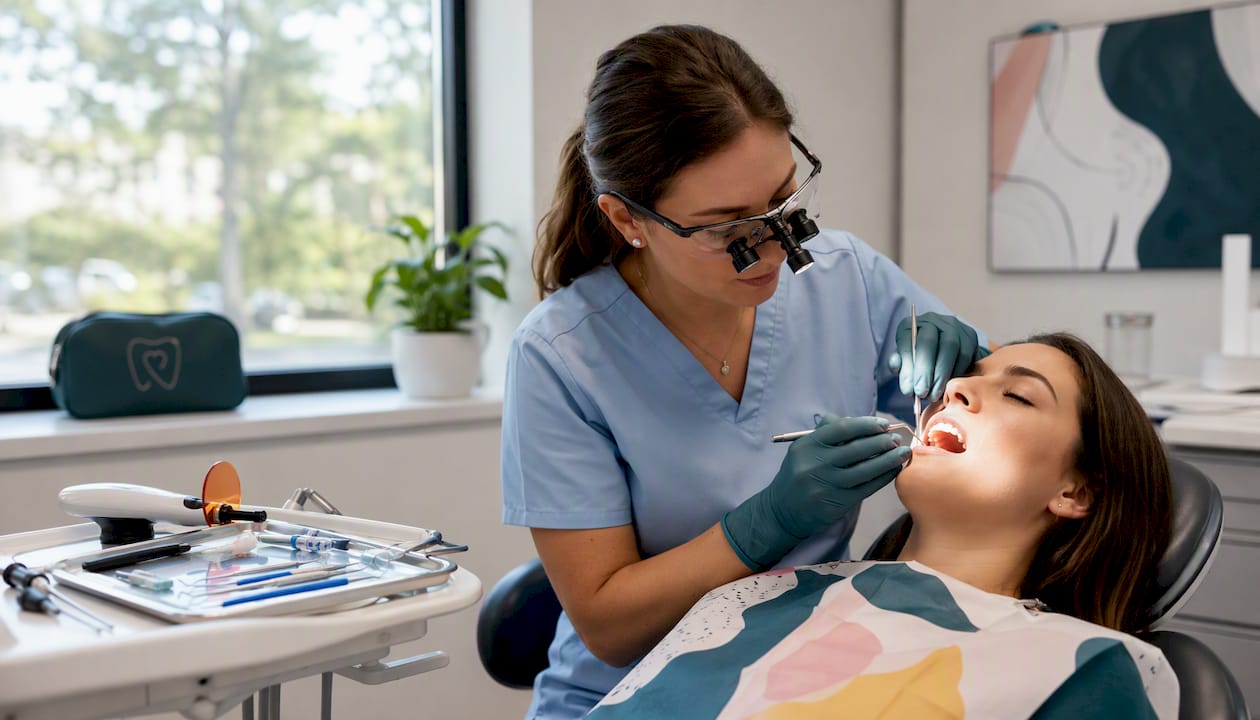 Dentist applying composite bonding to patient's teeth