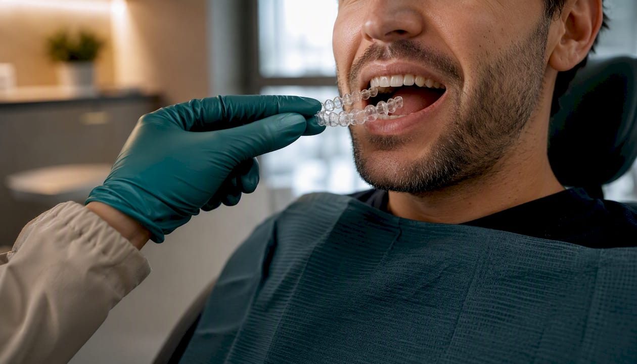 Close-up of clear aligner removal at dental clinic