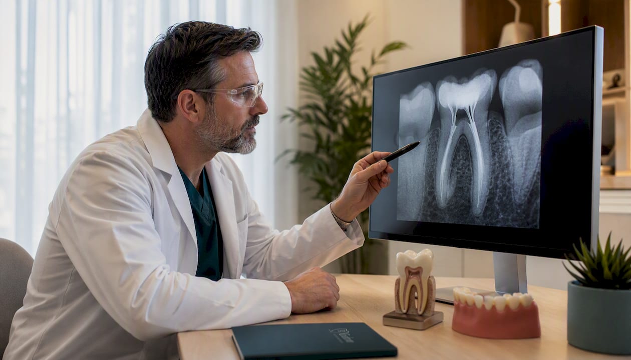 Dentist reviewing dental radiograph before treatment