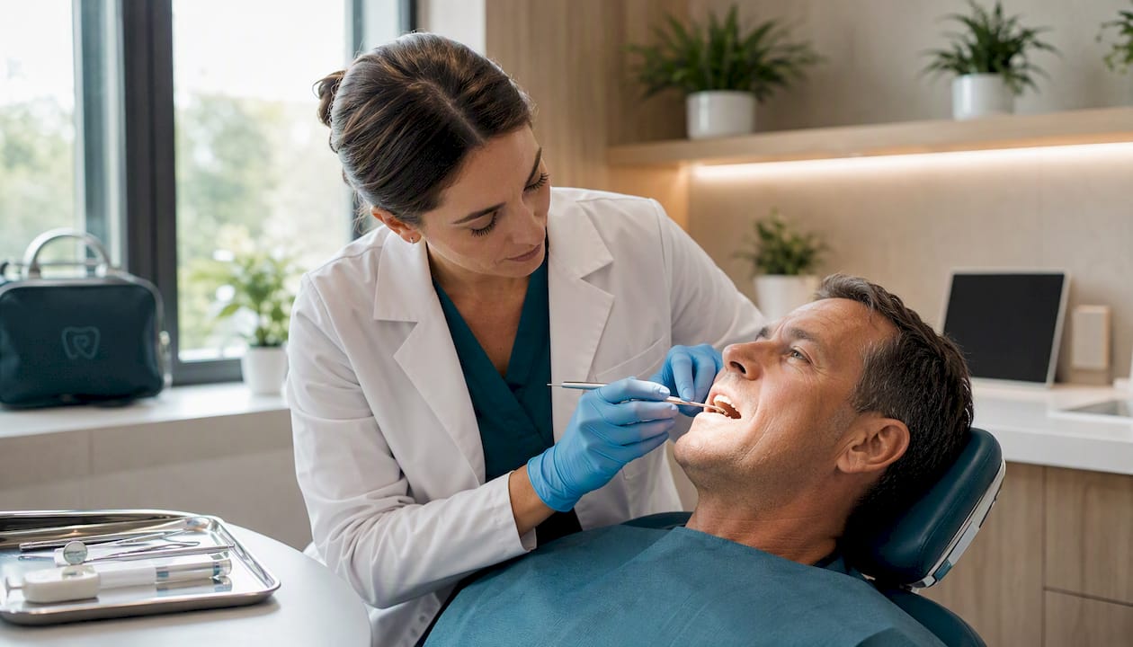 Dentist performing internal tooth bleaching on patient