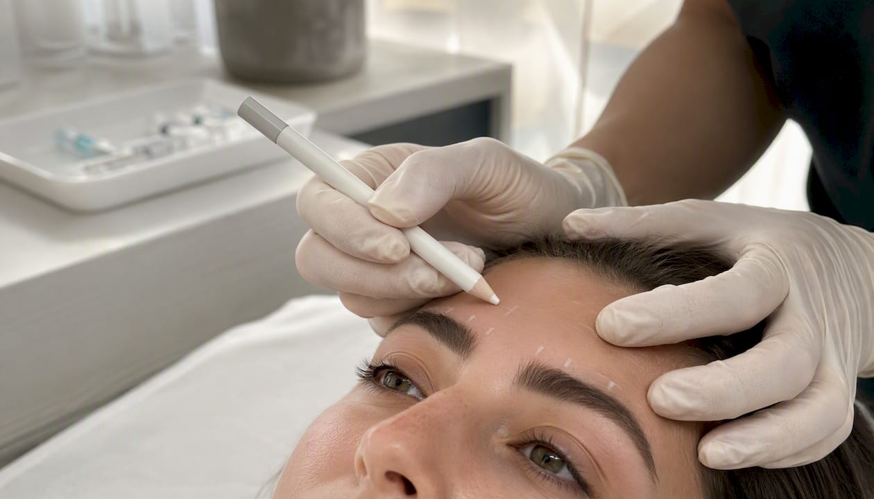 Close-up of brow lift injection points