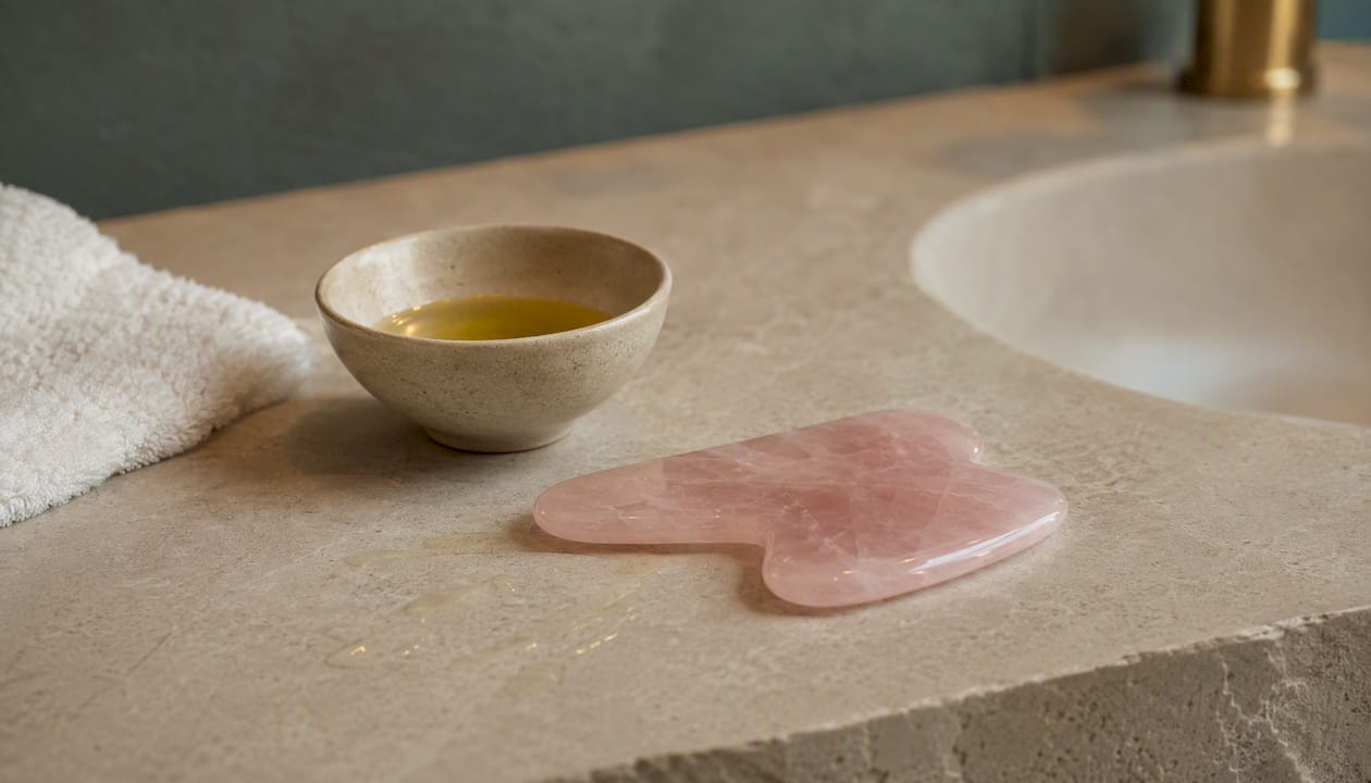 Gua sha stone with facial oil on spa counter