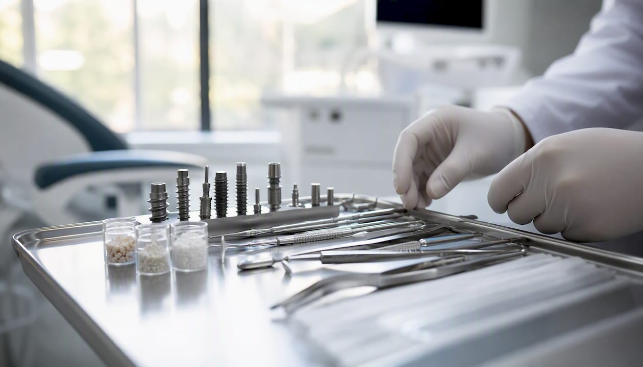 Dental implant surgery tools on tray