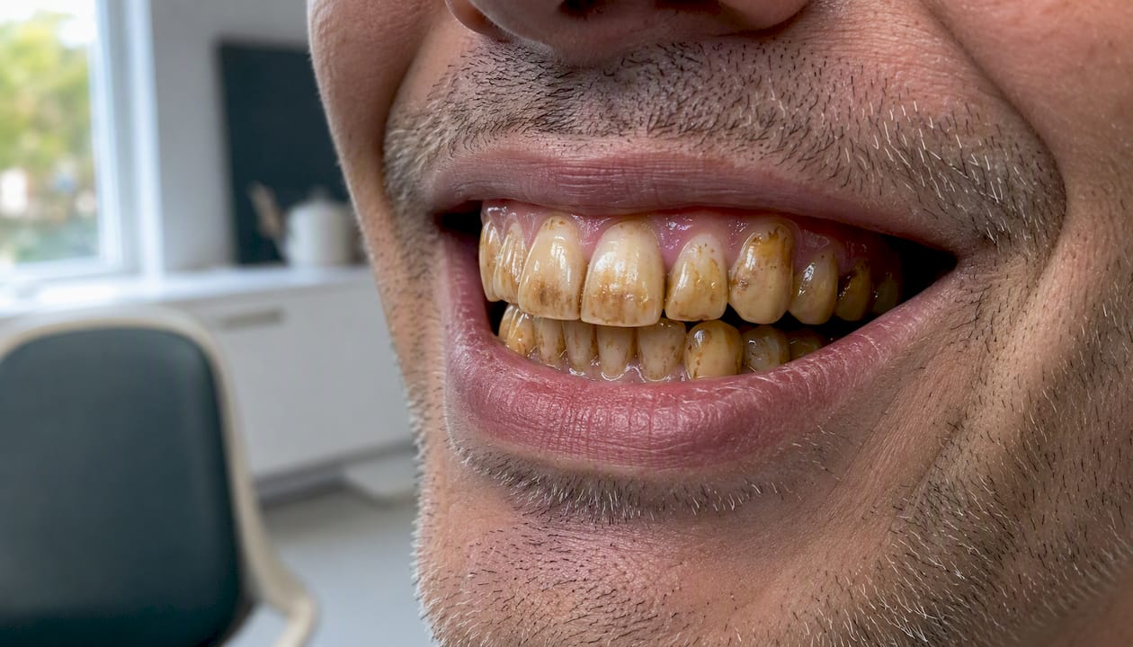 Nicotine stained teeth close-up