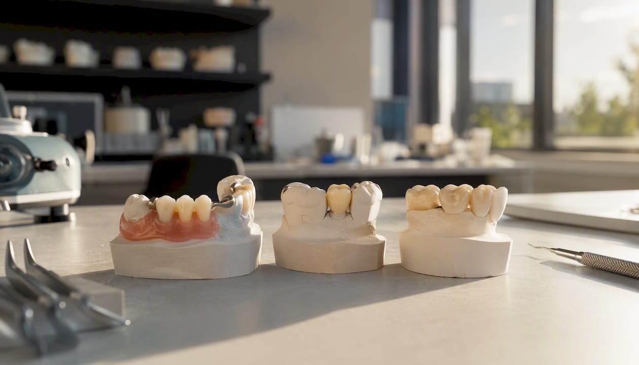 Temporary dental restorations on model teeth