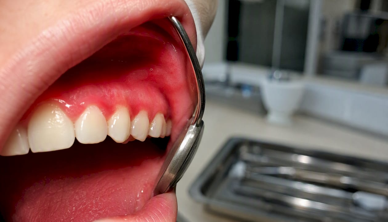 Close-up of inflamed red gums on teeth