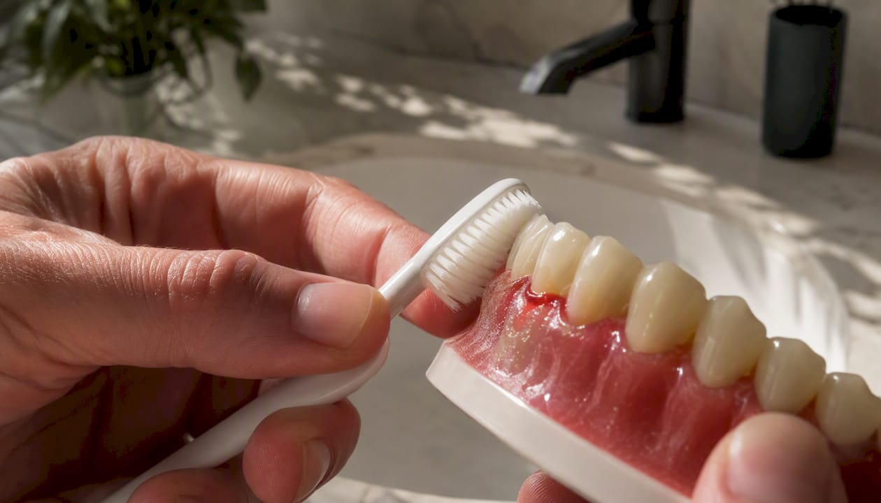Toothbrush bristles pressing against gums