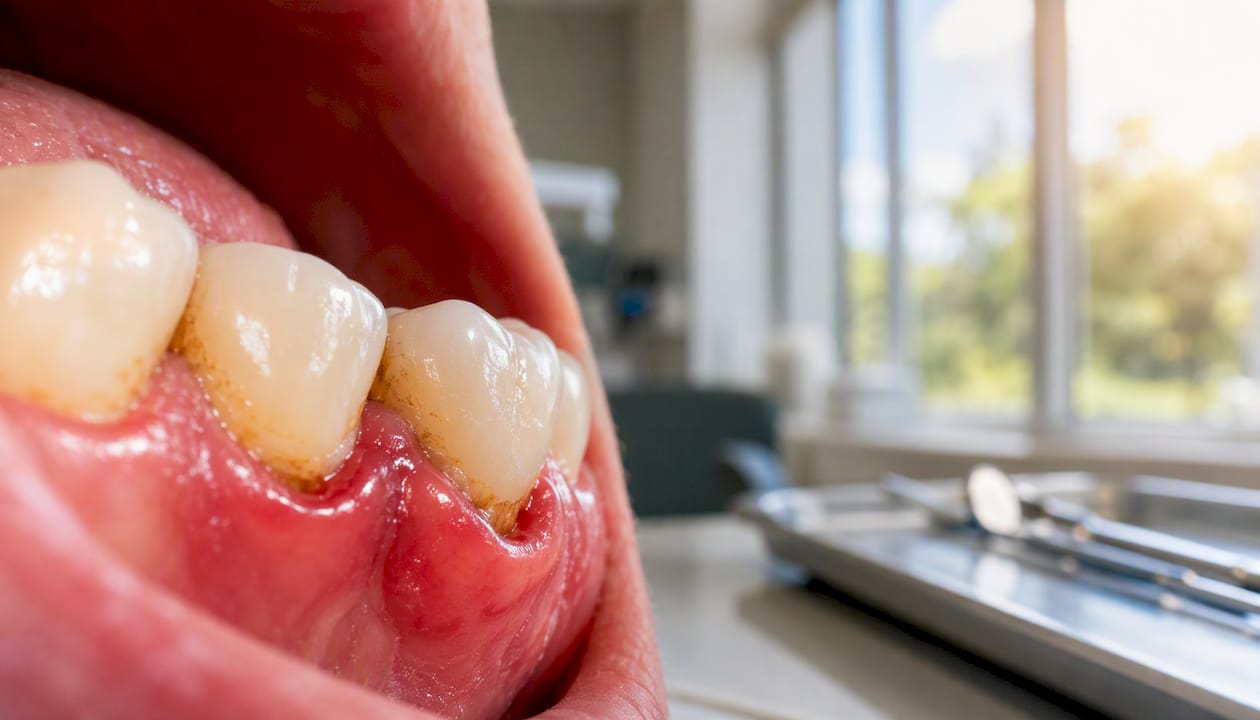 Close-up of inflamed gums from gum disease