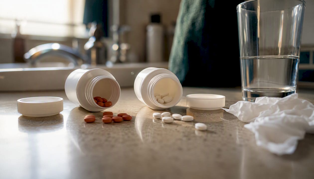 Ibuprofen and acetaminophen pills on counter