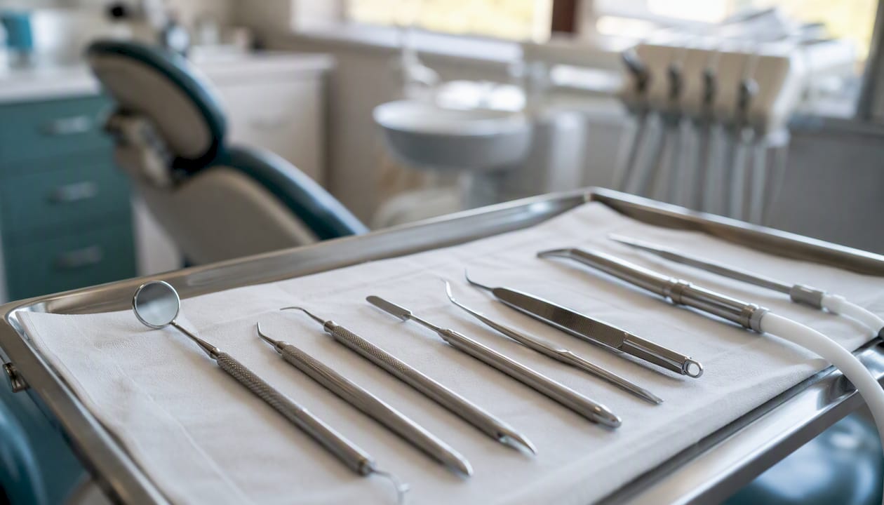 Dental emergency instruments on tray