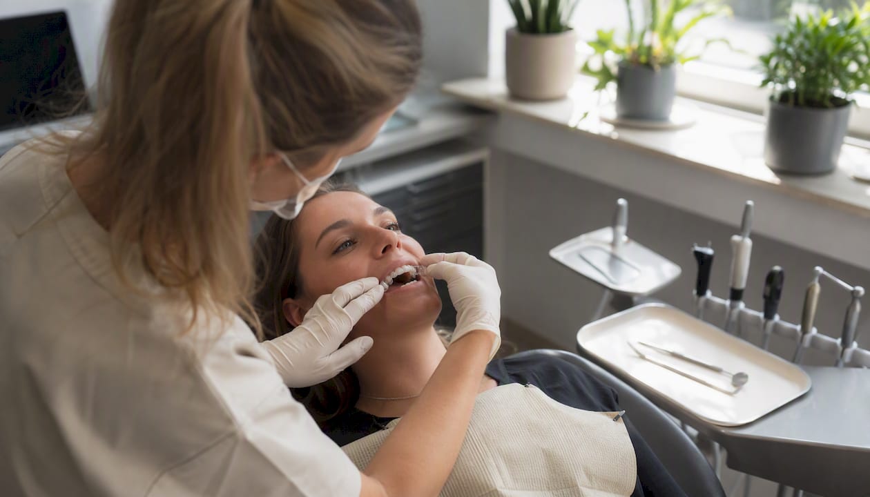 Hands adjusting dental smile mock-up in clinic
