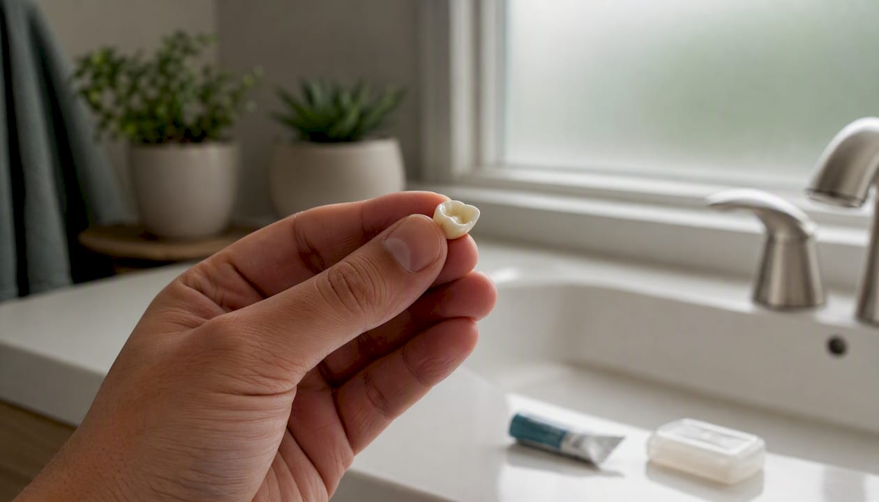Hand holding a temporary dental crown over sink