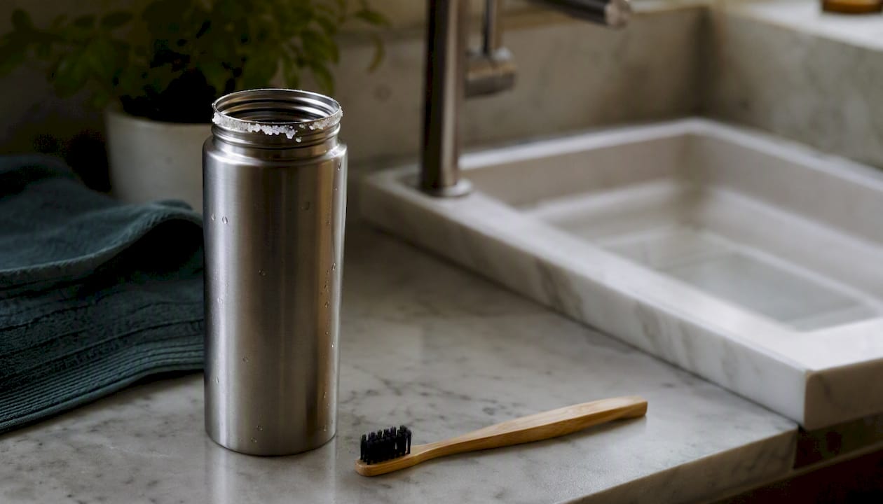 Glass of saltwater rinse with toothbrush