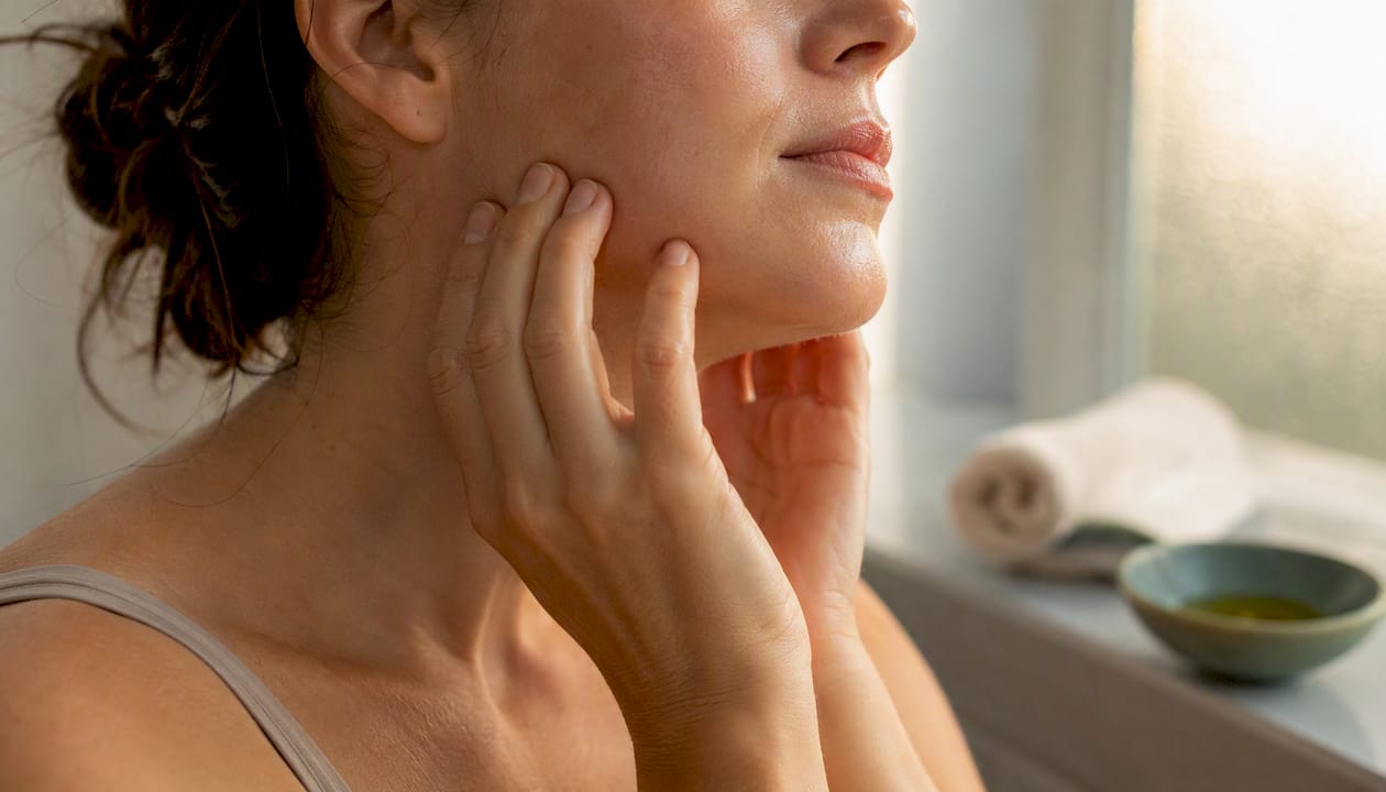 Person performing jaw massage at home