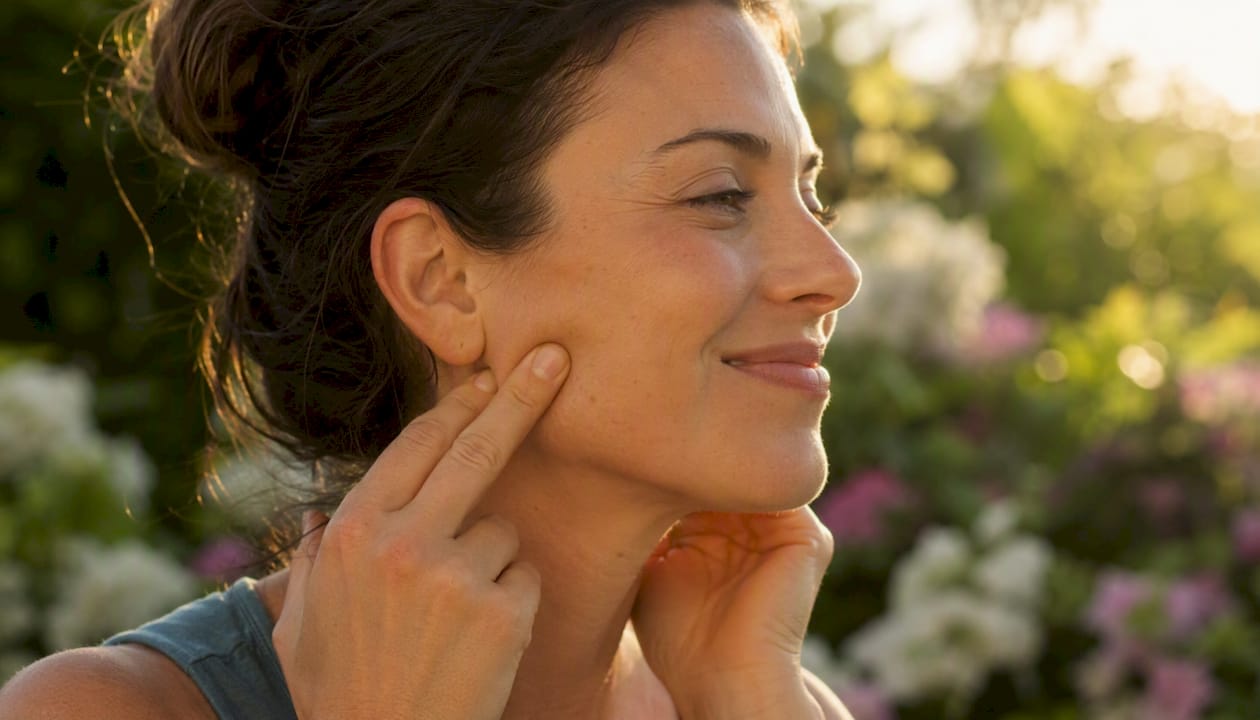 Close-up of fingers massaging jaw muscle