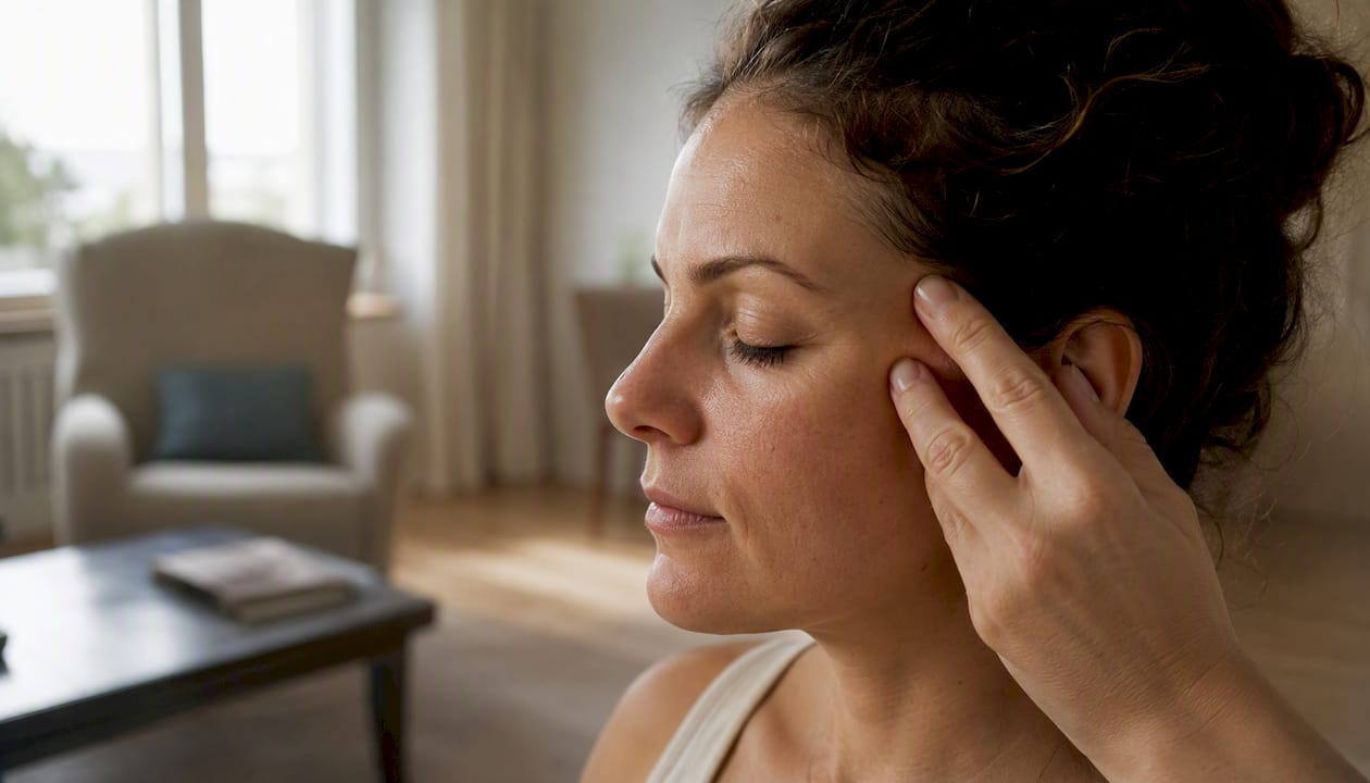 Fingertips massaging temple muscles