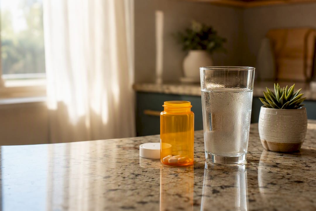 Pain medication and water on bathroom counter