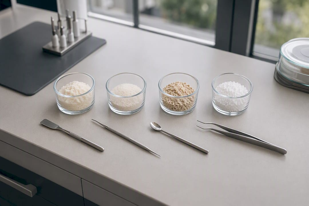 Samples of different bone graft materials in containers