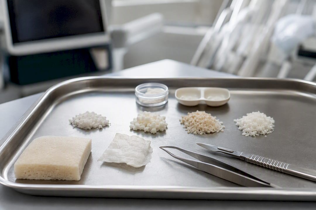 Close-up of dental graft materials on surgical tray