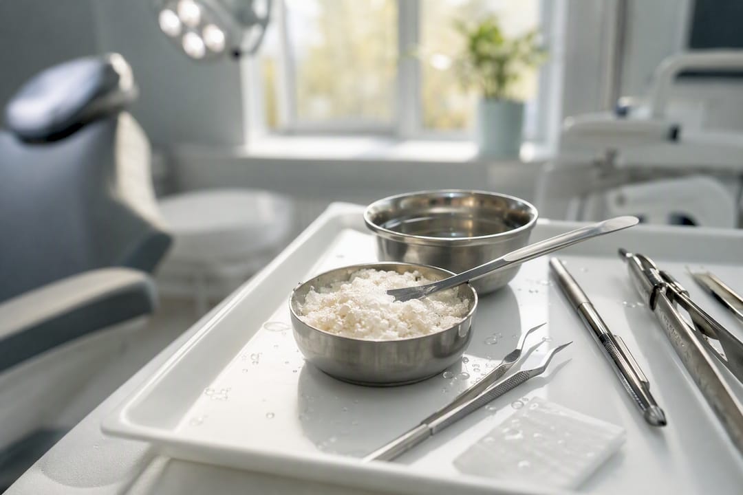 Close-up of dental bone graft tools and material