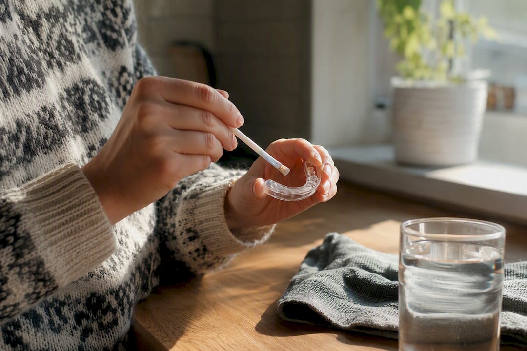 Hands applying teeth whitening gel to tray