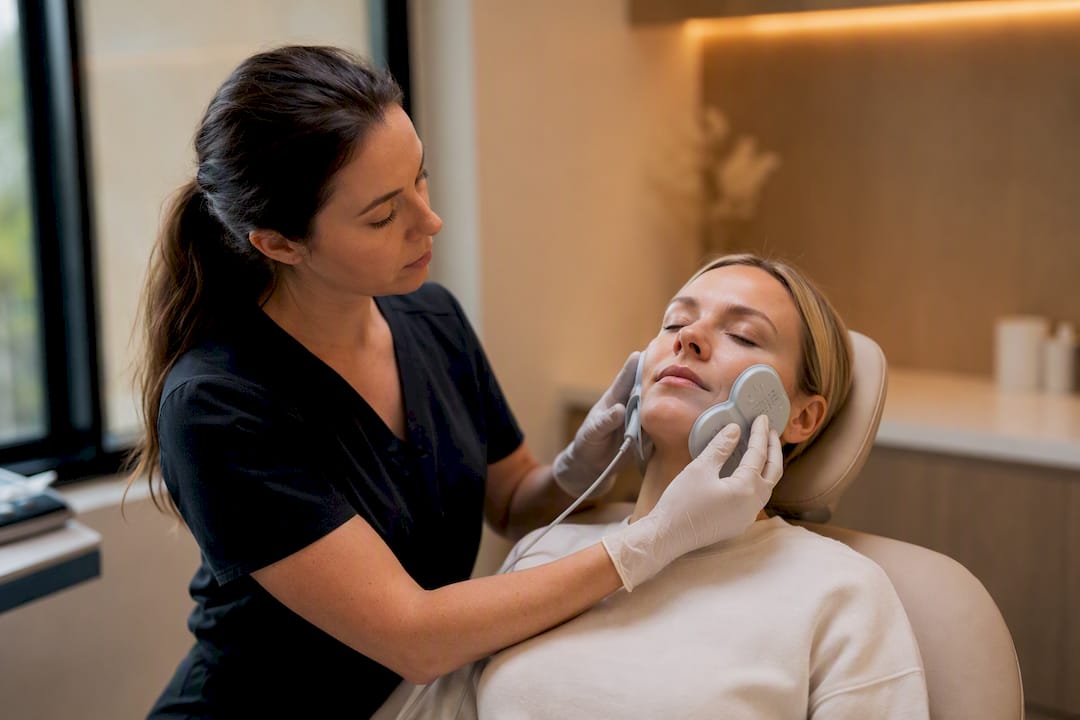 Emface treatment applicators on jaw muscles