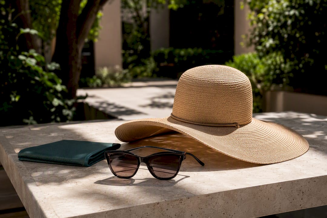 Wide-brimmed hat and sunglasses in shaded light