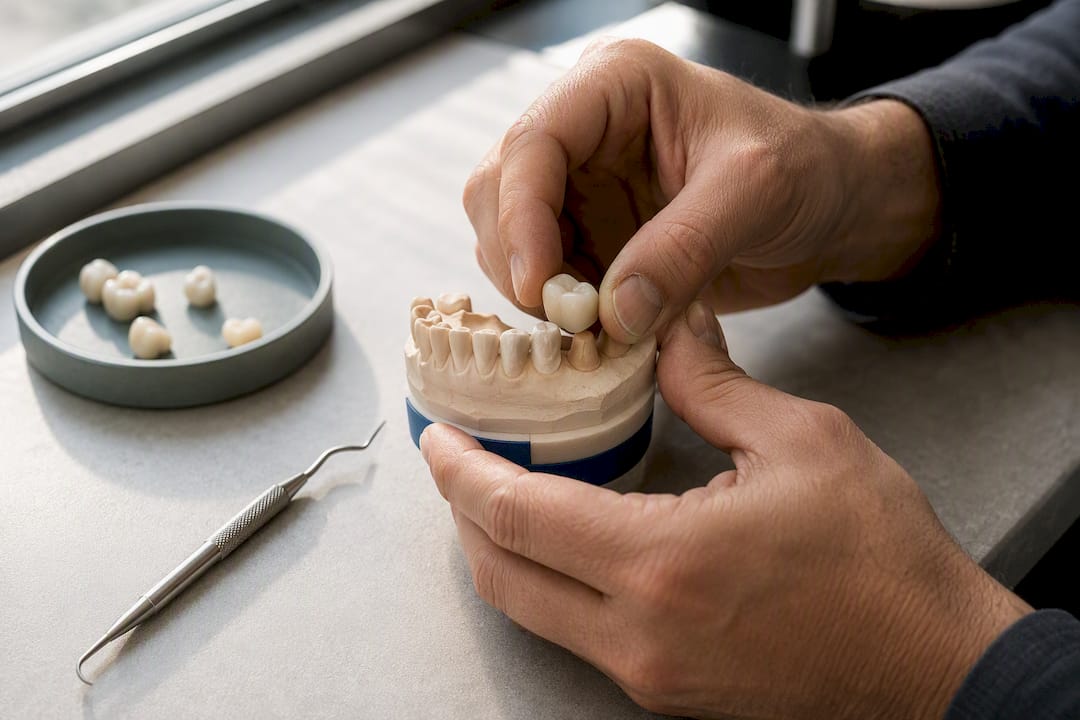 Technician fitting a replacement dental crown