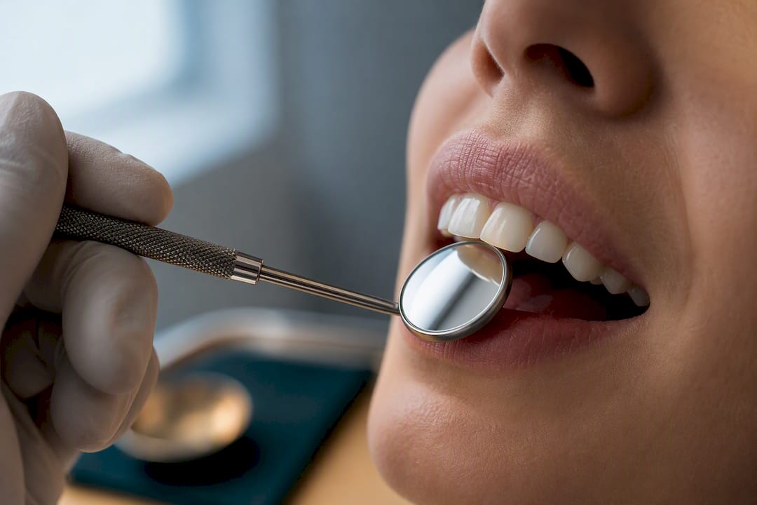 Dentist examining freshly bonded front tooth