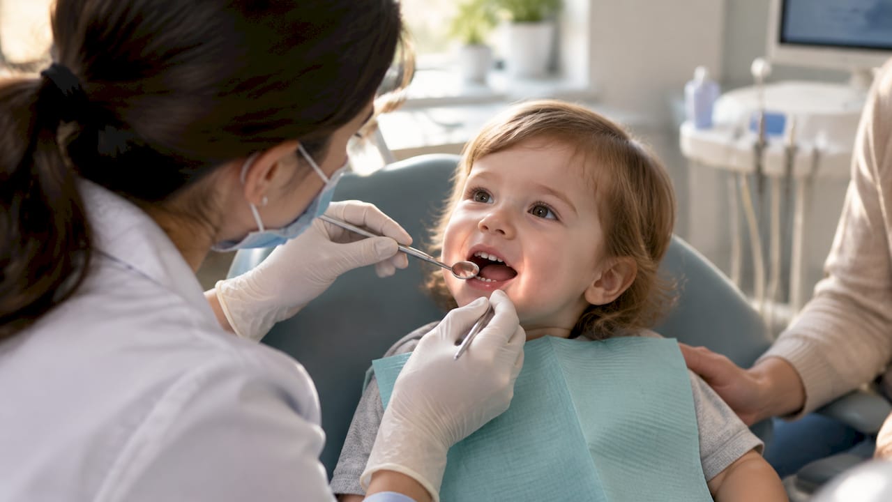 Dentist examining toddler during first dental visit