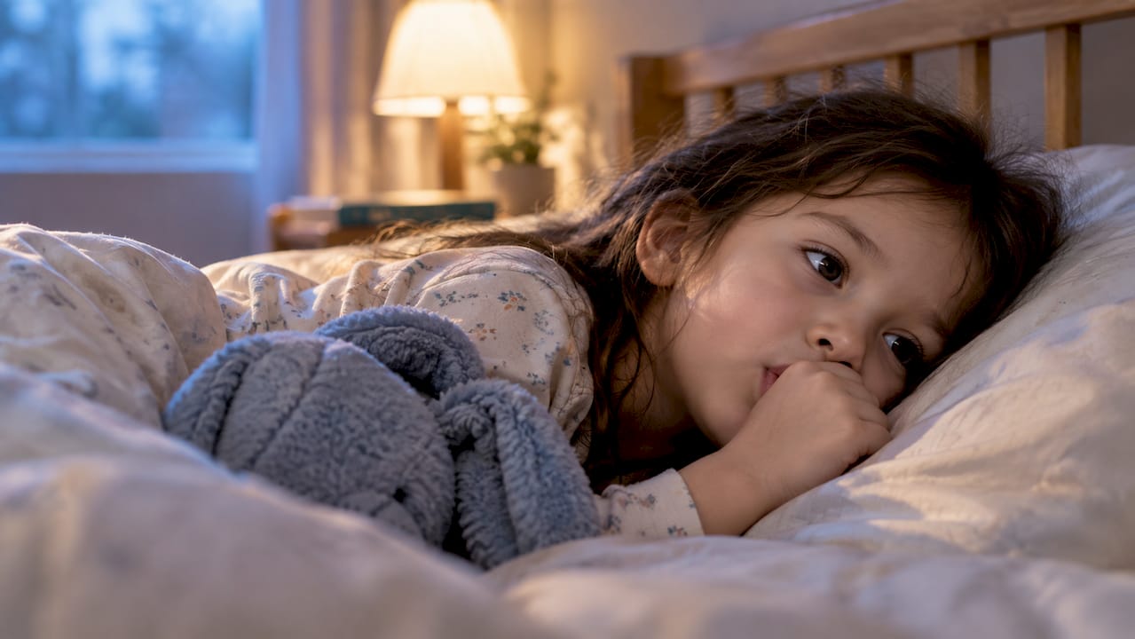 Child thumb sucking quietly at bedtime