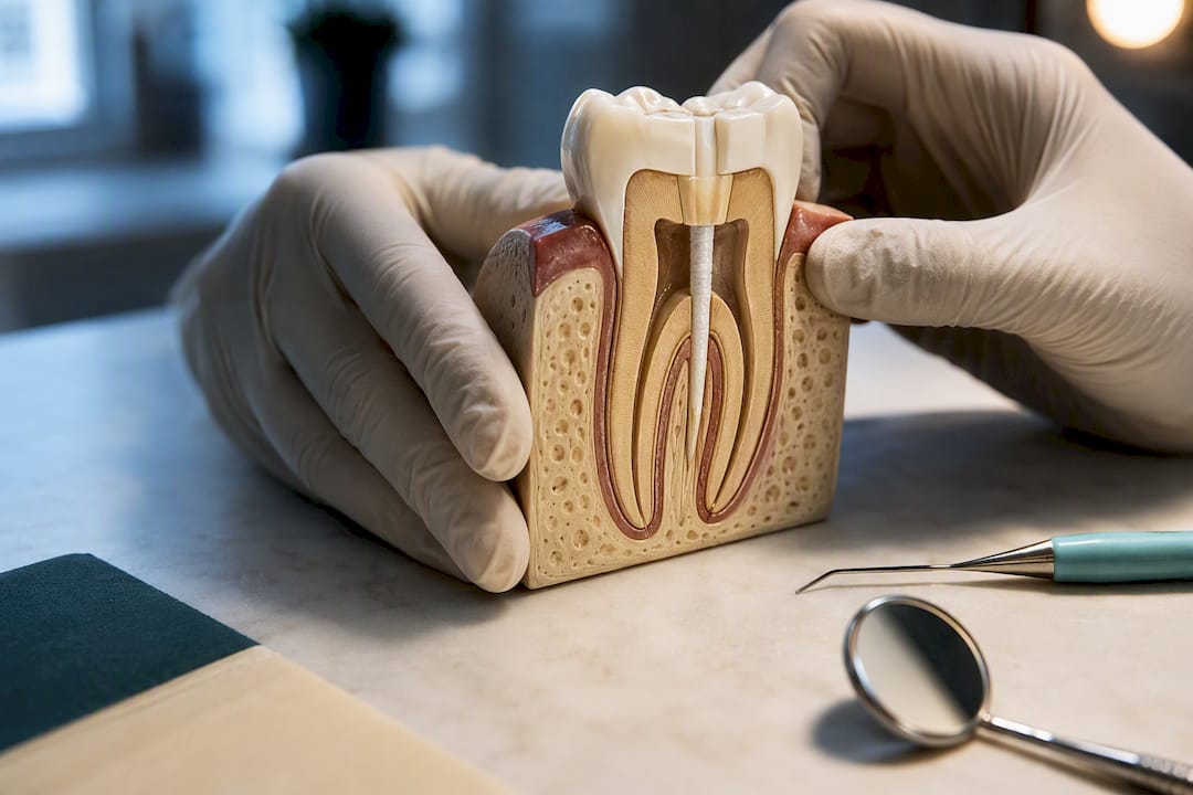 Sectional tooth model showing post and core