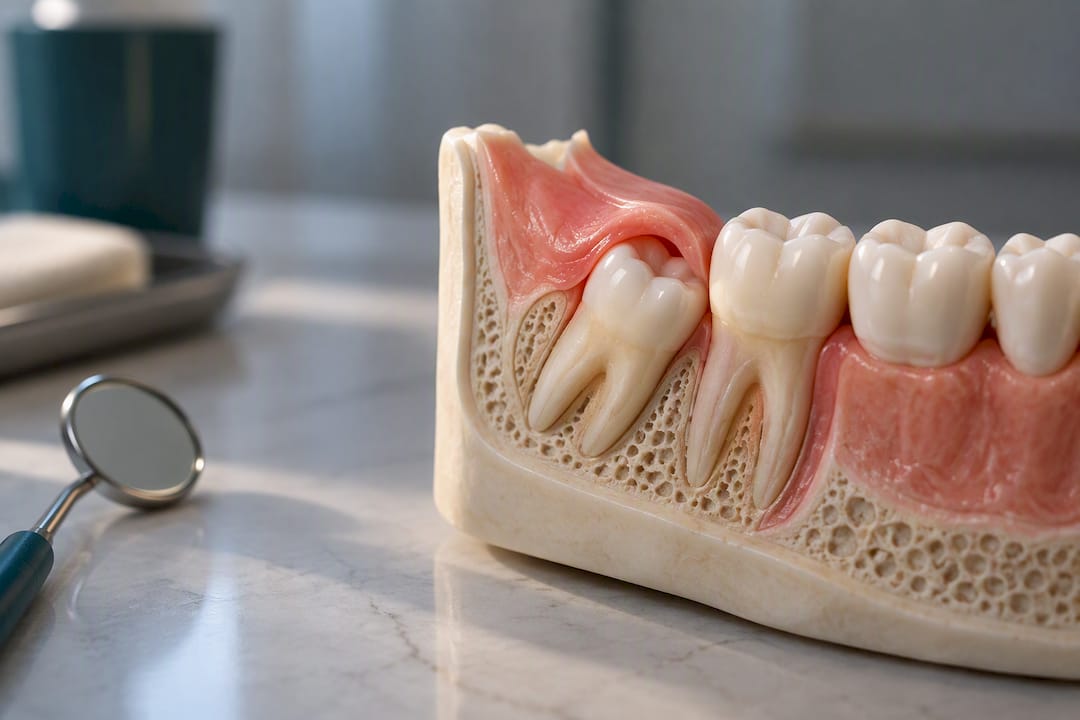 Partially erupted wisdom tooth beneath gum flap