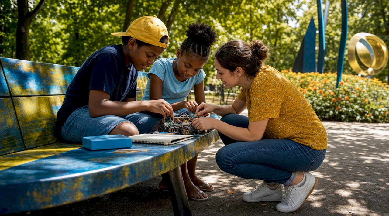 Mentor guiding diverse youth in academic enrichment program