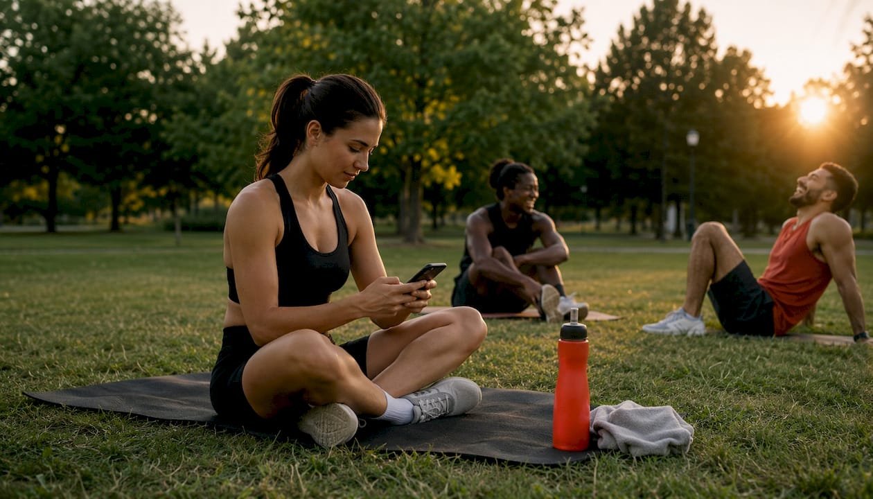 Woman checking referral prompt on phone after workout