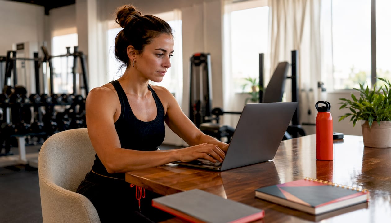 Gym manager using software at desk