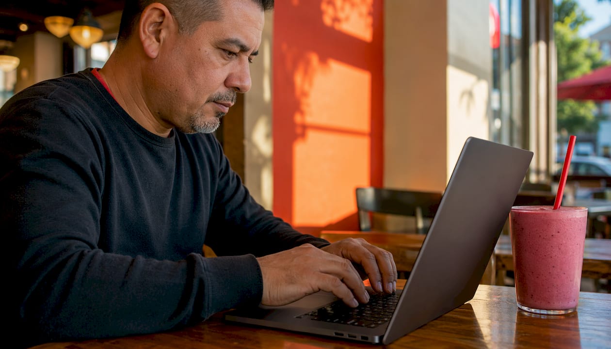 Hands typing on laptop configuring software automation