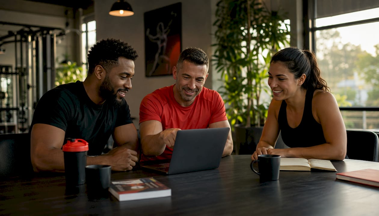 Gym team discussing fitness software options