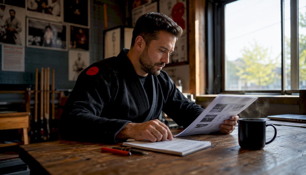 Martial arts school owner reviewing software demo schedule