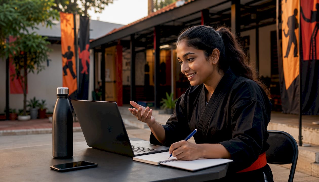 Dojo manager taking notes during software demo call