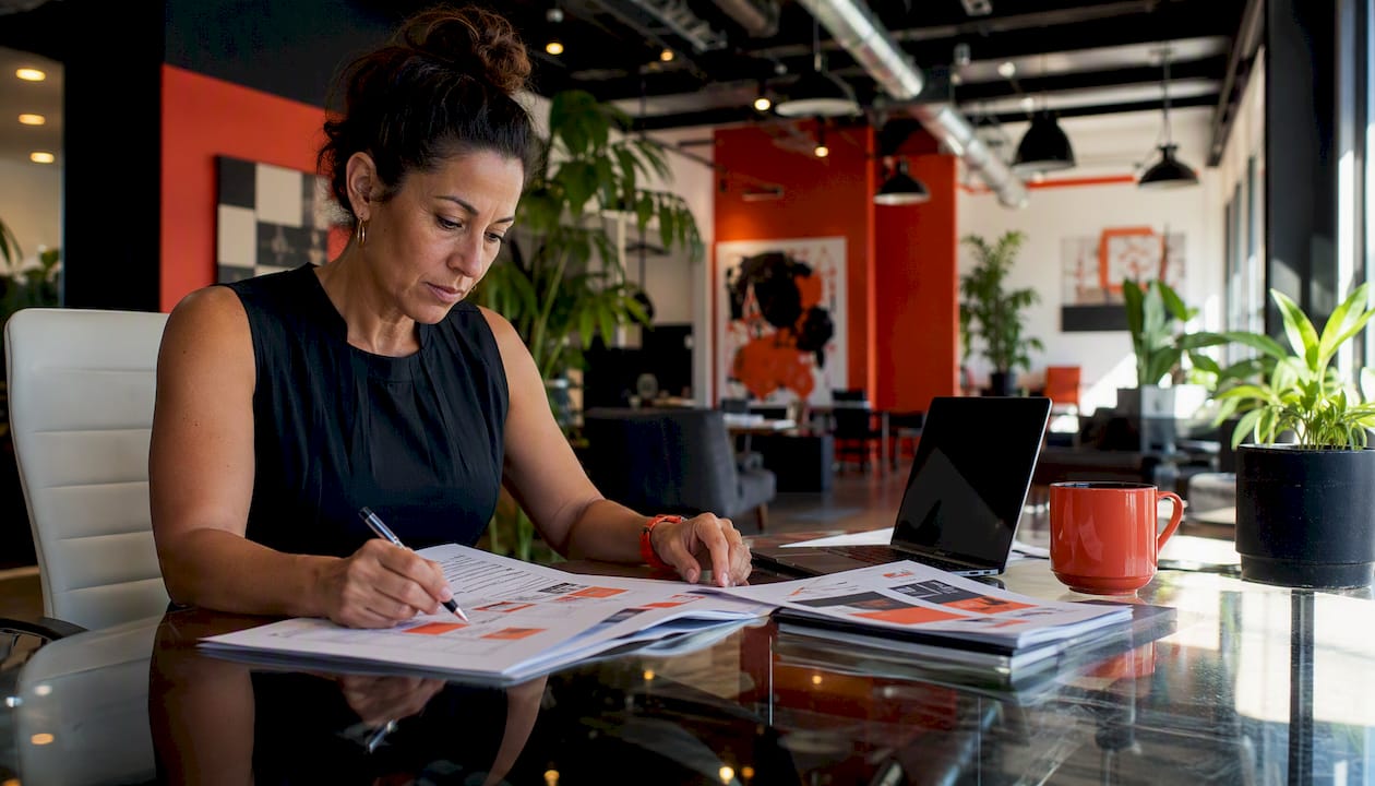 Gym owner comparing software options at desk