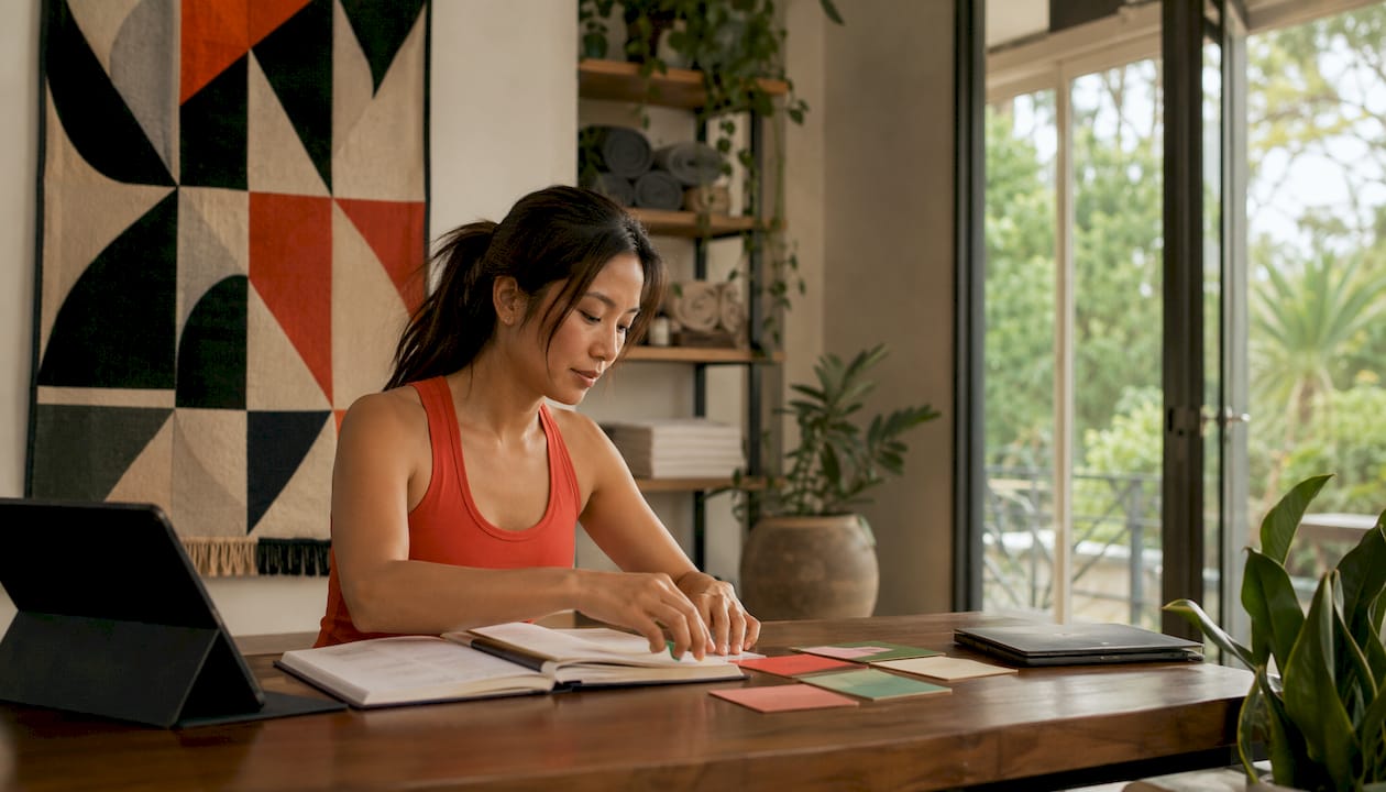 Yoga studio owner managing scheduling cards
