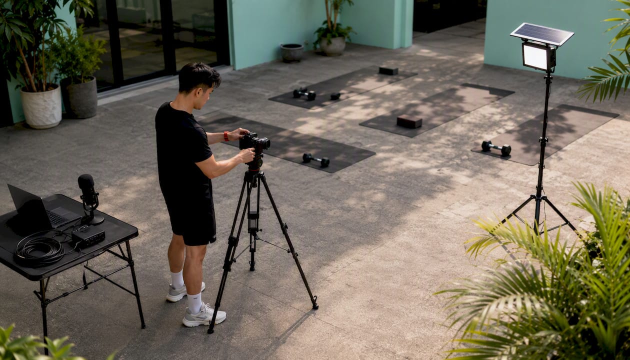 Studio owner sets up livestream fitness equipment