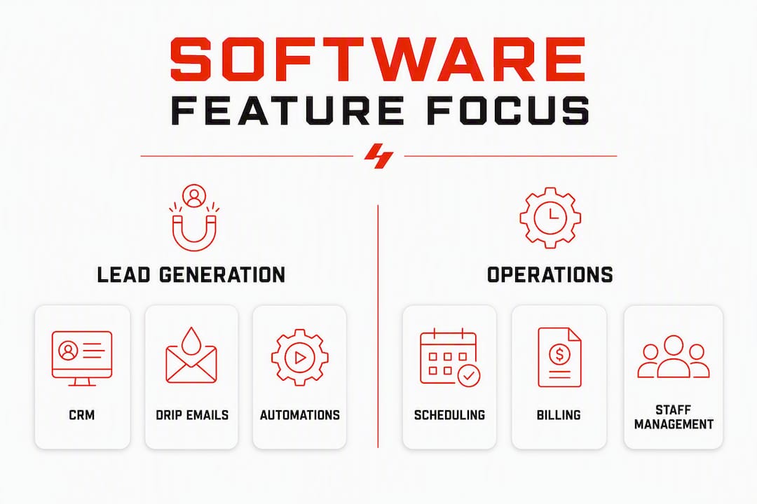 Infographic comparing lead generation and operations features in software