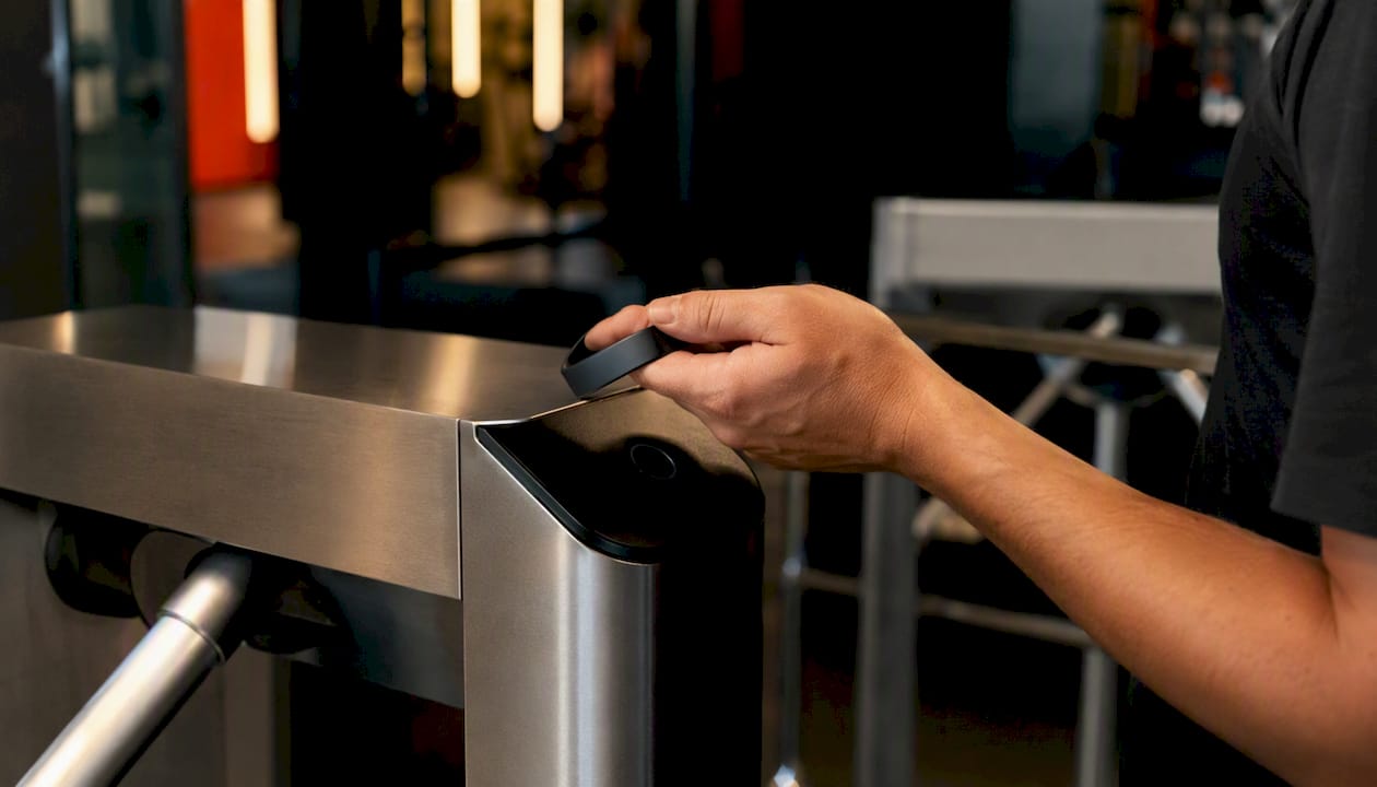 Hand holding RFID band at gym turnstile