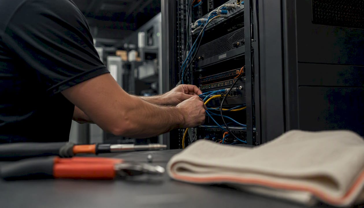 Hands wiring cables in gym server rack